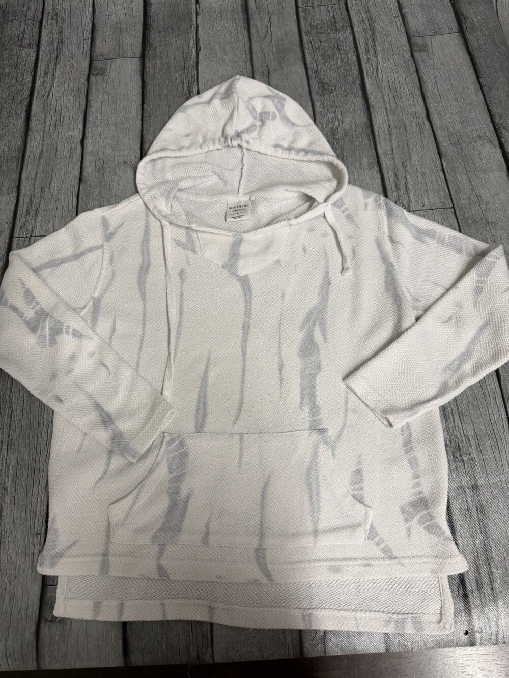 Juniors Southern Spirit Textured Knit Pullover Hoodie White Grey Tie Die Sz MED